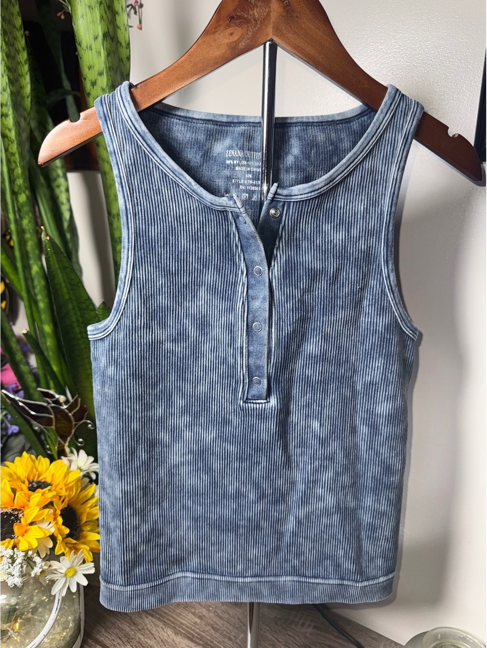 Zenana Washed Ribbed Seamless Button Up Tank Top